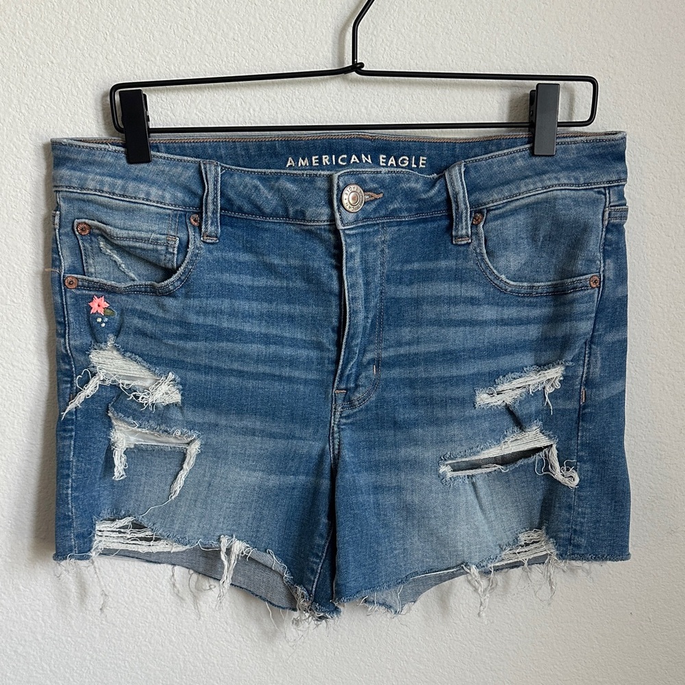 American Eagle Outfitters Women's Mid-Blue Distressed Jean Shorts
